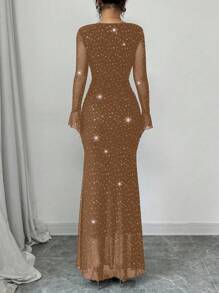 Rafferiza 优雅派对不对称领口褶皱前侧紧身美人鱼下摆长袖喇叭袖口连衣裙，女士黑色，秋冬，提花针织网眼面料配银箔长款女装 - 咖啡棕 - 查看 2