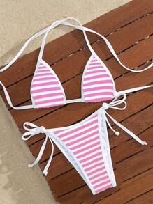 Swim Mod Women's Vacation Beach Striped Bikini Set, Micro Triangle For Summer - Pink - View 5