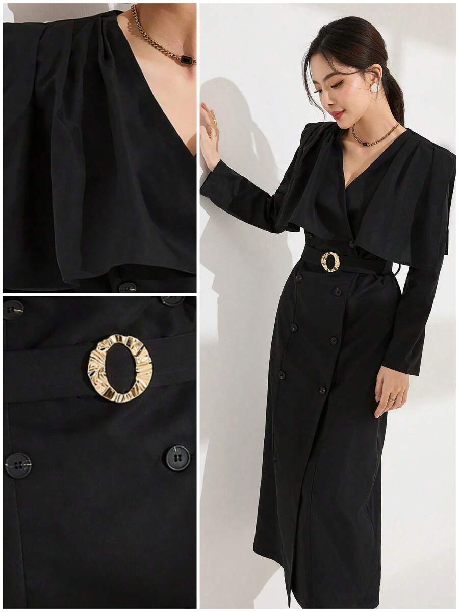 Modelyn Women Long Sleeve Solid Color Dress, Casual & Fashionable For Everyday Wear - Black - View 1