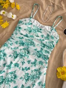Soleia 女士春夏假期蓝白花卉网眼吊带裙 - 綠色 - 查看 3