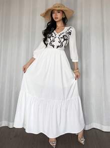 Breezaya 时尚可爱休闲度假日常百搭 V 领无袖花卉印花收腰分层 A 字型白色连衣裙，适合女士，春夏 - 白色 - 查看 8