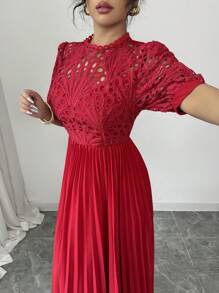 Rafferiza Vestido elegante de manga corta, plisado, de color liso y corte sencillo de moda - Rojo - Ver 5