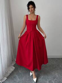 xheRafferiza Conjunto de chaleco sin mangas de cuello cuadrado y botón único con falda plisada acampanada informal y versátil para mujerxhe - Rojo - Ver 7