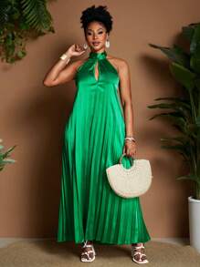 Maweii Plus Size Tie-Neck Ruched Long Dress For Vacation - Green - View 6
