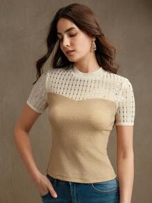 Anewsta Women's Elegant Romantic Modern Sheer Mesh Gold Sequin T-Shirt Top Blouse, Suitable For Spring/Summer Outfits