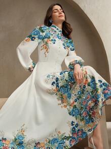 Anewsta Abito lungo con maniche lunghe e stampa floreale romantica ed elegante per le donne, adatto per le vacanze primaverili ed estive - Bianco - Visualizzare 1