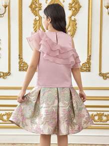 SHEIN Leap Crew 青少年女孩宽松优雅圆领荷叶边衬衫 A 字裙两件套 - 藍色 - 查看 2