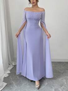 Rafferiza 优雅紫色奢华露肩珍珠泡泡雪纺灯笼袖女式连衣裙，春夏 - 淡紫色 - 查看 6