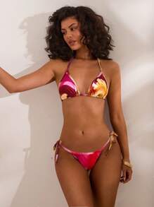 Opulessa Conjunto de bikini con parte superior con cuello de halter y Bottom con lazo en la espalda para mujer