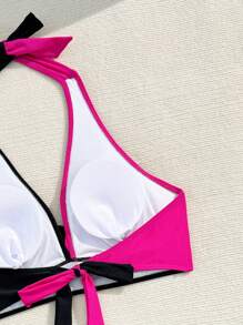 SHEIN Slayr Plus Size Beachwear Set With Color Block Halter Neck Bikini And Bottom, Summer,Summer Beach - Black - View 5