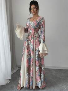 Modelyn Women's Woven Printed Patchwork Solid Color Double-Layer Ruffle Long Sleeve Bodycon Dress Fall Cloth For Women - Pink - View 1