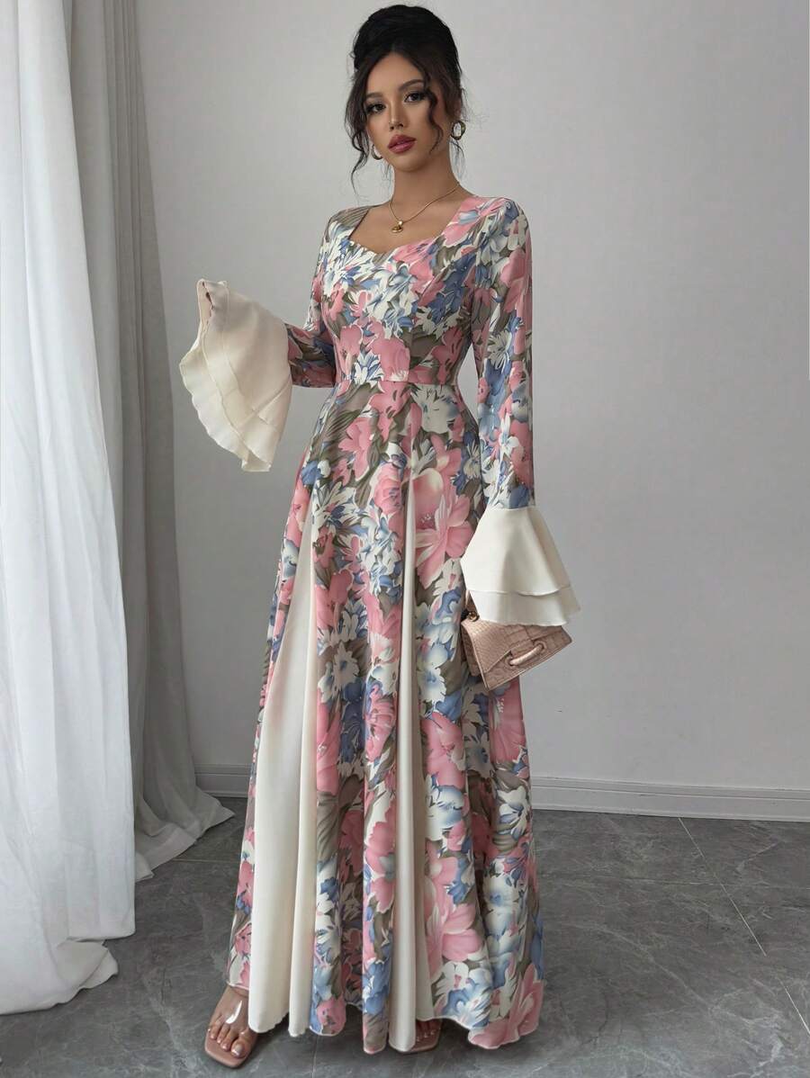 Modelyn Women's Woven Printed Patchwork Solid Color Double-Layer Ruffle Long Sleeve Bodycon Dress Fall Cloth For Women - Pink - View 1