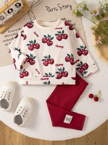 SHEIN Ensemble bébé fille automne/hiver sweat-shirt col rond côtelé imprimé fleurs avec legging côtelé, confortable et