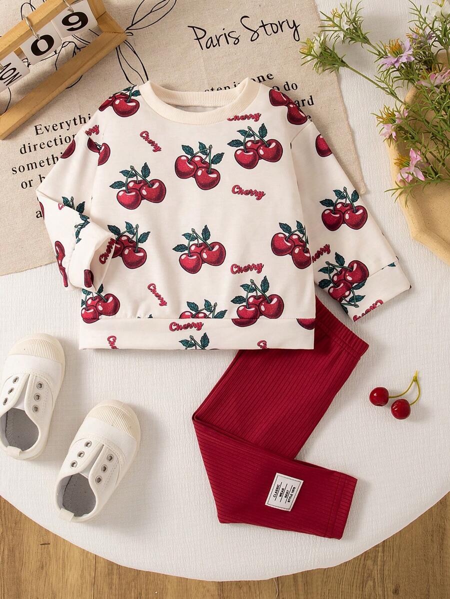 SHEIN Ensemble bébé fille automne/hiver sweat-shirt col rond côtelé imprimé fleurs avec legging côtelé, confortable et