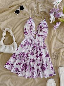 Soleia 度假细肩带 V 领镂空露背碎花连衣裙 - 淡紫色 - 查看 3