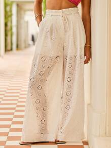 Aralina Broderie Anglaise Drawstring Rope Belt Waist Wide Leg Beach Vacation Pants - White - View 5