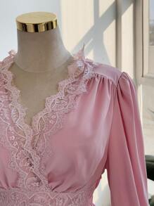 Flirla Plus Size Solid Color Splicing Long Sleeve Simple Casual Shirt