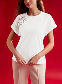 MOTF PREMIUM Camiseta con mangas tipo murciélago y bordado floral, Día de San Valentín