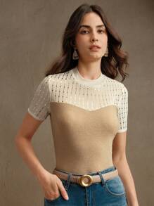 Anewsta Women's Elegant Romantic Modern Sheer Mesh Gold Sequin T-Shirt Top Blouse, Suitable For Spring/Summer Outfits