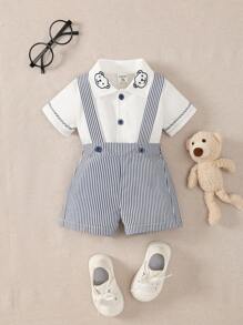 SHEIN Newborn Baby Bear Embroidery Short Sleeve Shirt And Striped Bib Shorts 2Pcs Set - Black and White - View 8