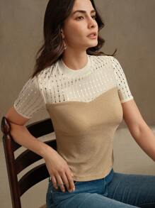 Anewsta Women's Elegant Romantic Modern Sheer Mesh Gold Sequin T-Shirt Top Blouse, Suitable For Spring/Summer Outfits