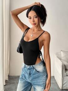 Chiquease Women's Solid High-Cut Side Tie Sexy Spaghetti Strap Bodysuit - Black - View 2