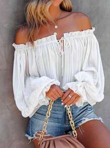 SHEIN VCAY Blusa suelta con hombros descubiertos, volantes y lazo delantero en unicolor para mujer - Blanco - Ver 6