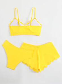 SHEIN Swim Conjunto de bikini de 3 piezas de verano para mujer de unicolor sexy con shorts, traje de baño con volantes - Amarillo - Ver 2