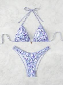 SHEIN Swim 度假海滩碎花抹胸比基尼泳装（两件套） - 彩色 - 查看 3