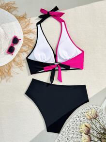 SHEIN Slayr Plus Size Beachwear Set With Color Block Halter Neck Bikini And Bottom, Summer,Summer Beach - Black - View 4