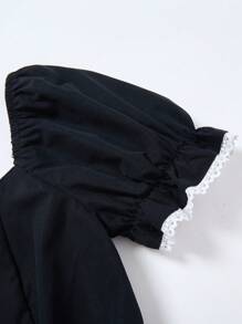 SHEIN Teen Girl's Black Elegant Square Neck Puff Sleeve Ruffle Trim Color Block Skater Dress - Black - View 8