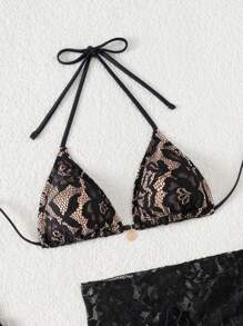 SHEIN Springbreak 3 件套女式夏季花卉蕾丝露背性感比基尼套装带罩衫裙，沙滩装