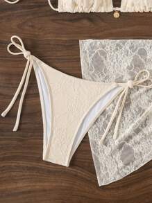 SHEIN Springbreak 女士三件套：系带吊带性感比基尼泳装，带罩衫，适合夏季海滩 - 米色 - 查看 4