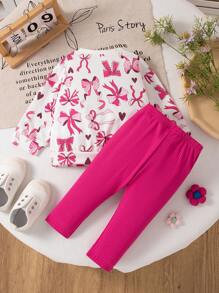 SHEIN Baby Girl Flower Print Ribbed Crew Neck Sweatshirt And Rib Knit Leggings 2 Pieces Set, Comfortable & Fashionable For Autumn/Winter - Hot Pink - View 2