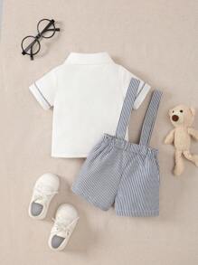 SHEIN Newborn Baby Bear Embroidery Short Sleeve Shirt And Striped Bib Shorts 2Pcs Set - Black and White - View 2
