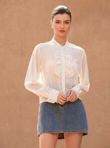 GENKIRA 2025 Spring New Off-White Elegant Office Women Blouse,Autumn French Retro Palace Style Stand Collar,Double-Layer Ruffle Trim,Lustrous Fabric Cloth - White - View 2
