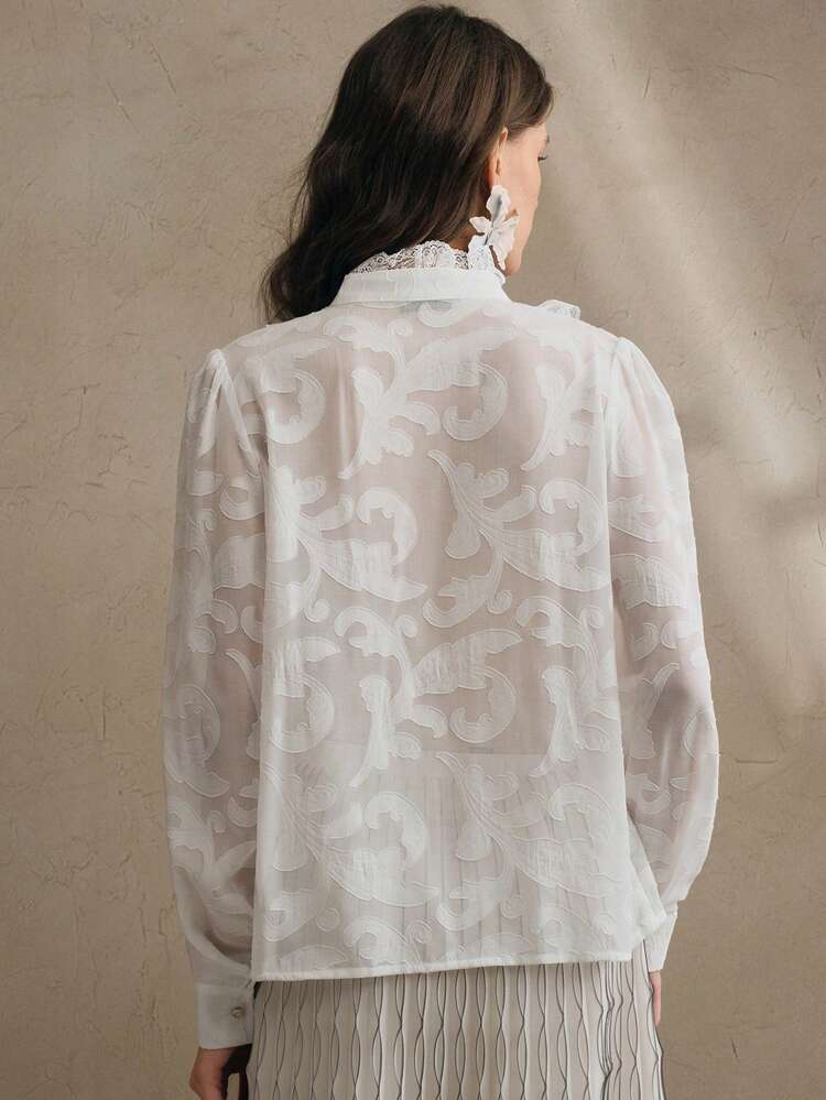 Women's Elegant Sheer Textured Fabric Ruffle Collar Blouse, Suitable For Formal Occasions, Dates, Spring, Summer Vacation