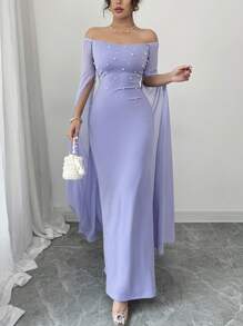 Rafferiza 优雅紫色奢华露肩珍珠泡泡雪纺灯笼袖女式连衣裙，春夏 - 淡紫色 - 查看 5