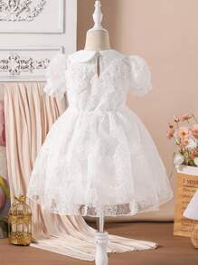 Young Girl Elegant Solid Color Floral Mesh Fluffy Dress