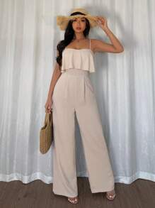 Chiquease Women's Fashion Versatile Ruffle Spaghetti Strap Jumpsuit With Crinkle Textured Fabric, Fitted Waist & Straight Leg