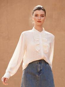 GENKIRA 2025 Spring New Off-White Elegant Office Women Blouse,Autumn French Retro Palace Style Stand Collar,Double-Layer Ruffle Trim,Lustrous Fabric Cloth - White - View 3