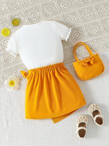SHEIN 2 pièces/Set Top à manches courtes imprimé arc-en-ciel pour fille avec jupe portefeuille à taille nouée + sac