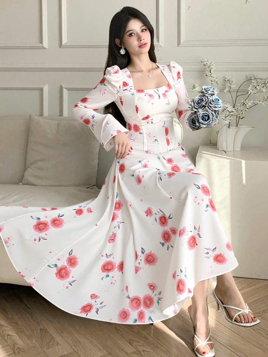 DAZY 女士中长款印花泡泡袖连衣裙,荷叶边,秋季长袖连衣裙,复活节连衣裙 - 紅色 - 查看 1