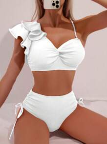 SHEIN Swim Spring Break Vacation Solid Color Ruffled Trim Bikini Swimwear Set For Summer