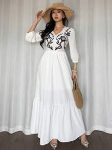 Breezaya 时尚可爱休闲度假日常百搭 V 领无袖花卉印花收腰分层 A 字型白色连衣裙，适合女士，春夏 - 白色 - 查看 7