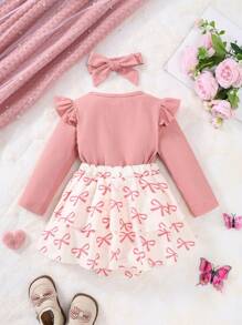 Set bestehend aus Bodysuit mit Herz-Muster für Baby Mädchen, inklusive 2 Stücke Langarm Ribbed Oberteile mit Herz Grafik, klassische Mode für Partys & Ausgänge