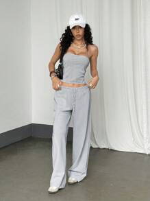 StreetHx 女士斜条纹紧身胸衣短款上衣 + 低腰长裤 2 件套 - 黑與白 - 查看 4