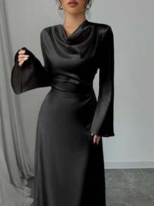 Rafferiza 女士黑色优雅修身喇叭下摆长袖 A 字缎面连衣裙，粉色，秋冬 - 黑色 - 查看 7