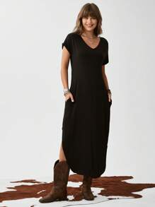 SHEIN LUNE Slant Pocket Split Hem Tee Dress - Black - View 3