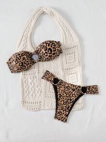 SHEIN Swim 2 件套春假豹纹褶皱抹胸比基尼带金环高开叉泳裤性感女士比基尼套装